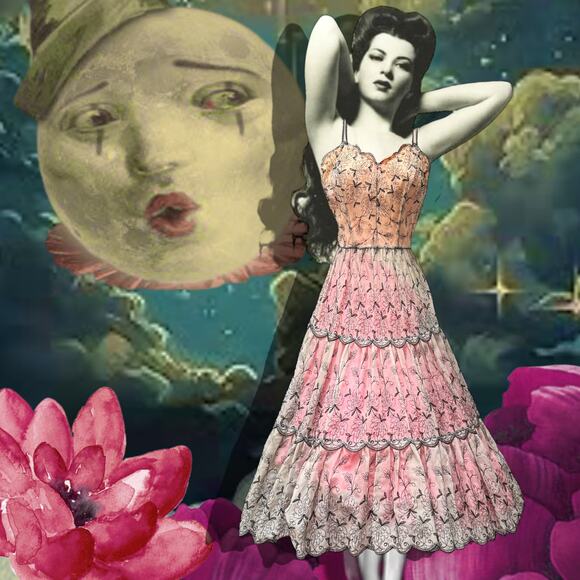 Vintage Dresses & Skirts - Vintage 1950s Sheer Cupcake Chiffon Embroidered Party Dress Pink & Black XS